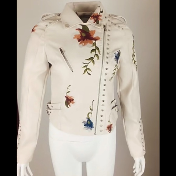 🎉New Chic Ivory Floral Print Embroidery FauxLeather Moto Jacket - Picture 13 of 16